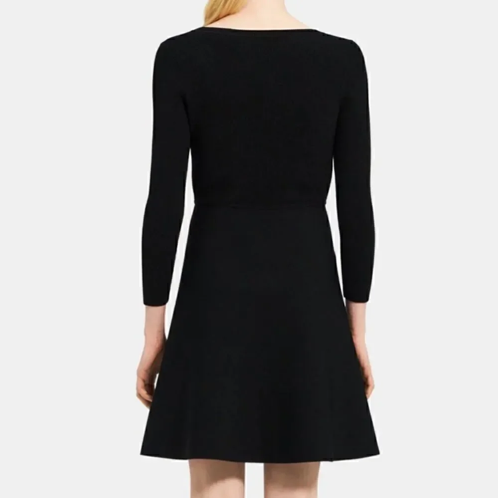 Theory Black Fit & Flare Dress 3/4 Sleeve Scoop Neck Knit Mini Size 2